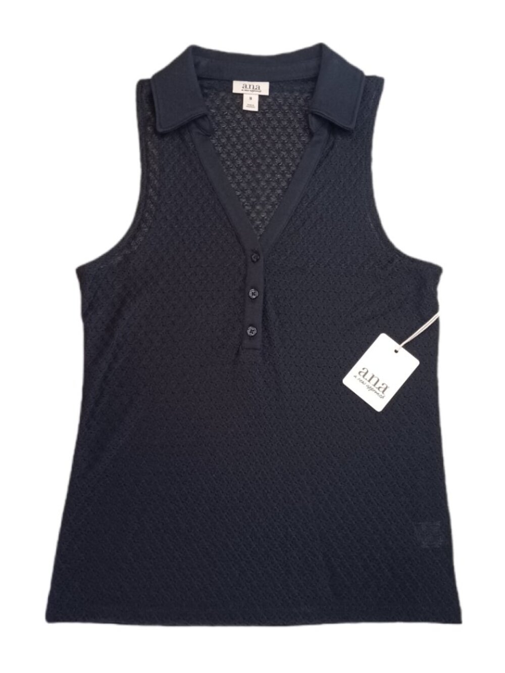 a.n.a. Womens Medium Sleeveless Pointelle Knit Polo Top Henley Black Shirt
